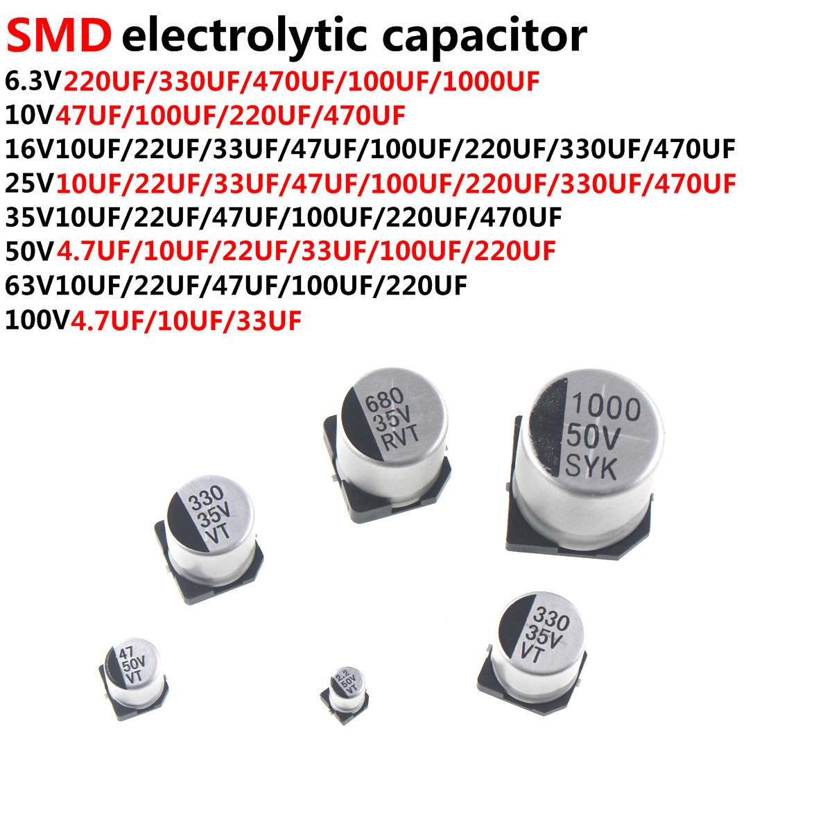 100/50/20pcs SMD 6.3V 10V 16V  - Capacitor Kit Assortment reseña y precio